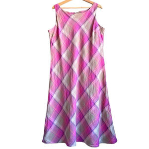 Pendleton 100% Linen Plaid Midi Dress Sleeveless Pink Taupe Preppy Plus Size 18